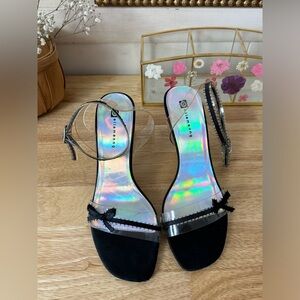 Ellemenno Y2K Clear Plastic Black Ribbon Kitten Heel Sandals Women’s Size 7.5